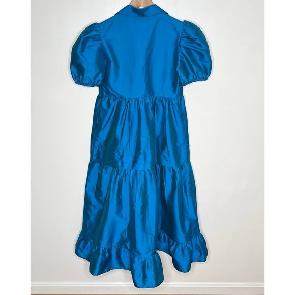 Dhruv Kapoor Puff Sleeve Midi Dress XXS Blue Metallic Tiered Pockets Cocktail - Picture 10 of 14